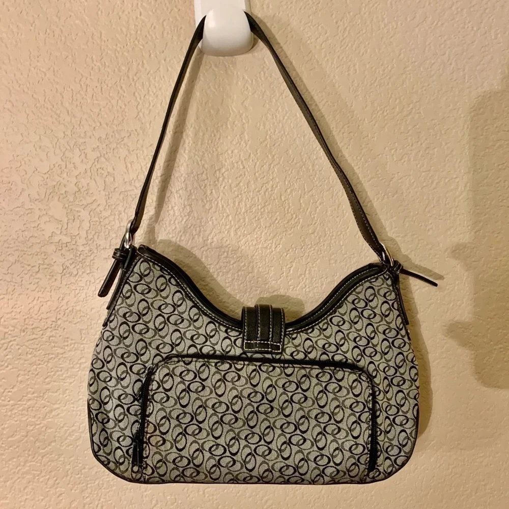 Shoulder Bag Like New Grey Canvas Black Vegan Leather Trim Circular Silver - Picture 2 of 16